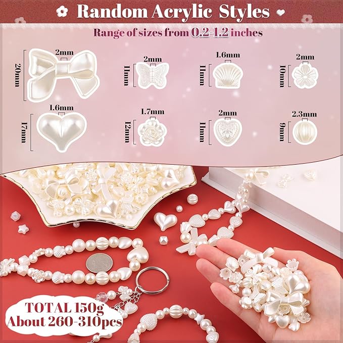 Assorted 270-320PCS Mix ABS Imitation Pearl Beads for Bracelet Making, Bow Butterfly Heart Kawaii Aesthetic Acrylic Beads,Cute Bead for Jewelry Making DIY Necklace Keychain Phone Charms
