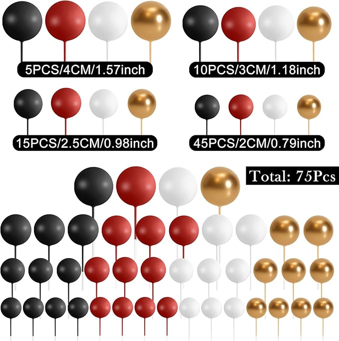 75 Pieces Cake Balls Topper Decorations Foam Cupcake Topper Mini Balloon Cake Topper Picks for Deco Birthday Party Wedding(Black, Red, Gold, White)