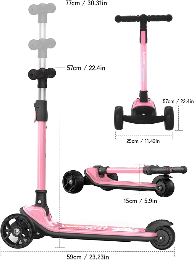 Besrey Kick Scooter for Kids Ages 3-10, 3-Wheel Folding Scooter with Adjustable Height, LED Light Wheels, Extra Wide Deck for Outdoor Activities