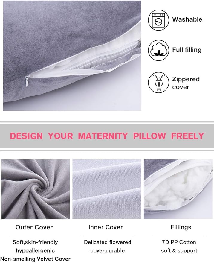 AS AWESLING Pregnancy Pillow, U Shaped Full Body Pillow, Nursing, Support and Maternity Pillow for Pregnant Women with Removable Velvet Cover (Grey)