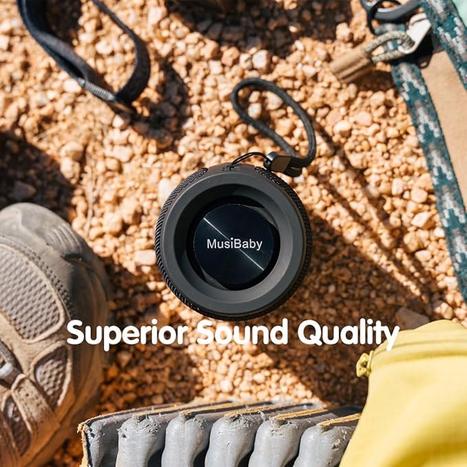 Bluetooth Speaker,MusiBaby M68 Small Portable Speaker:Speaker with BT5.3,Waterproof,Wireless,Bass,HD Sound,24H Playtime for Outdoor,Beach,Party,Stocking Stuffers,White Elephant Gifts(Blk)