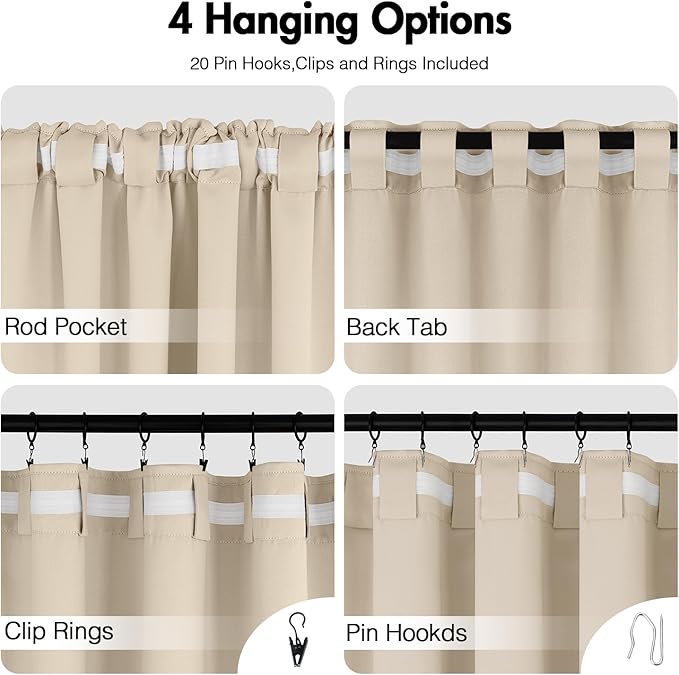 ANRODUO Back Tab Blackout Curtains for Bedroom Living Room, Rod Pocket Pinch Pleated Thermal Insulated Room Darkening Curtains 102 Inches Long 2 Panels, Cream Beige, 52 x 102 Inch