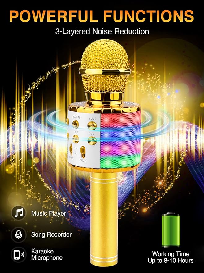 BlueFire 4 in 1 Karaoke Wireless Microphone with LED Lights, Portable Microphone for Kids, Great Gifts Toys for Kids, Girls, Boys and Adults (Gold)