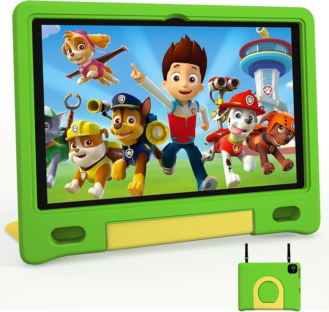 JREN Kids Table 10.1" |Android 14 Tablet for Kids|64GB Storage|Octa-Core|WiFi |Cameras|Parental Control|Kids Content|Case Included Great Gift for Children Ages 3-12 Years Old Green