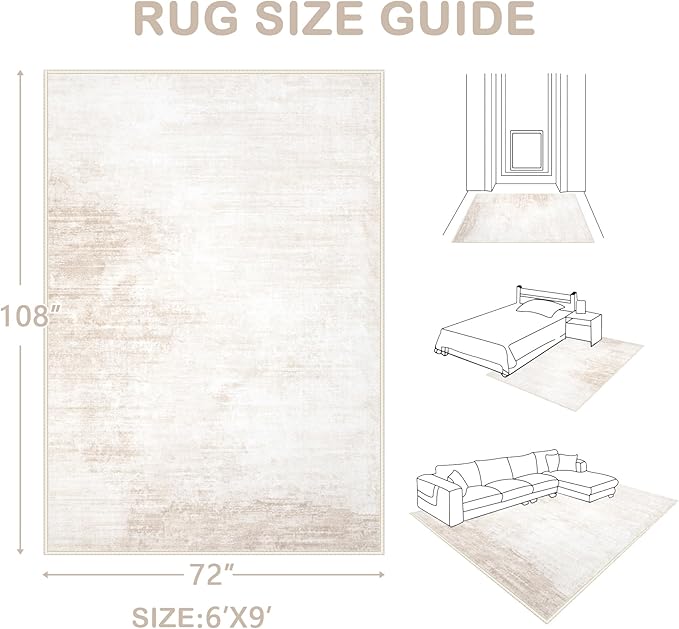 Area Rugs 6x9 Living Room: Washable Rug Modern Abstract Large Rug Soft Non Slip Neutral Rugs Stain Resistant Indoor Carpet for Bedroom Kitchen Dining Room Table Nursery Home Office Rugs(Beige,6'x9')