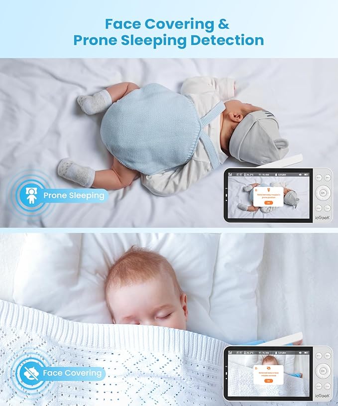 ieGeek 5.5โโ Split-Screen Baby Monitor,2.5K UHD Baby Monitor with 2 Cameras and Audio,Night Light,Prone Sleeping&Cry Detection,Two-Way Talk,Night Vision,2.4G&5Ghz WiFi App Control,4000mAh Battery