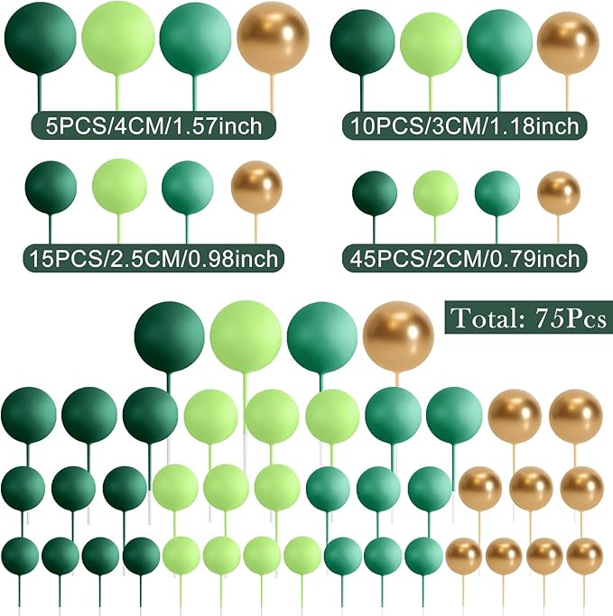 75 Pieces Cake Balls Topper Decorations Foam Cupcake Topper Mini Balloon Balls Cake Picks for Deco Birthday Party Wedding(Green Gold Series)