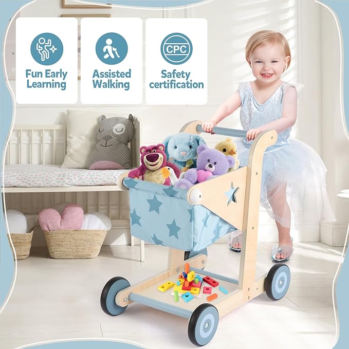 Asweets 2 in 1 Wooden Baby Walker Push and Pull Doll Stroller, Shopping Cart Learning Walker for Boys and Girls, Sit Stand Learning Toddler Toy (Blue)