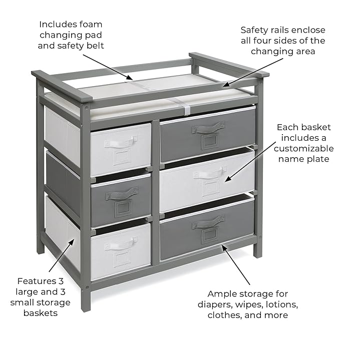 Badger Basket Modern Baby Changing Table - Diaper Station Organizer with 6 Storage Drawers, Reversible Baskets, Safety Rails - Baby Nursery Furniture with Changing Pad and Belt - Gray