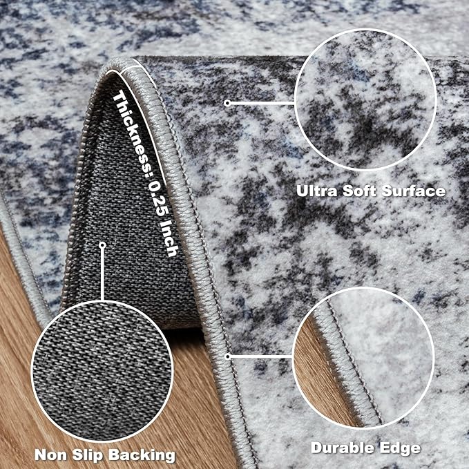 Area Rug Living Room Rugs: 5x7 Abstract Washable Rugs Ultra Soft Carpets with Non-Slip Backing Stain Resistant Carpet for Dining Room Table Bedroom Nursery Indoor Home Office Blue/Gray/Black