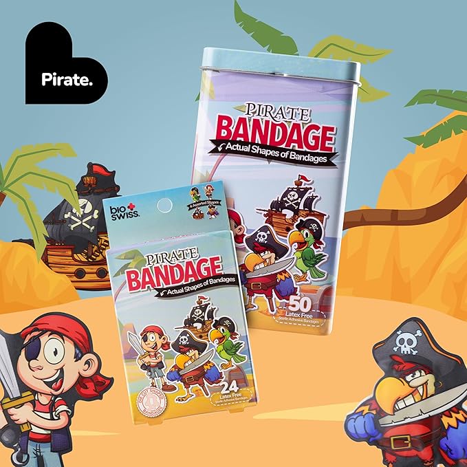 BioSwiss Bandages, Pirate Shaped Self Adhesive Bandage, Latex Free Sterile Wound Care, Fun First Aid Kit Supplies for Kids and Adults, 24 Count