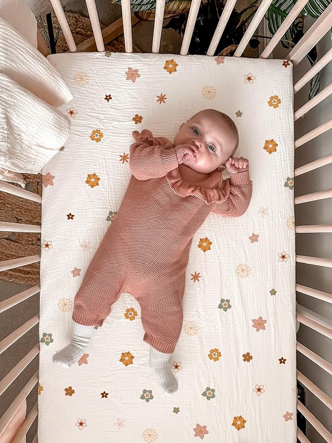 Bassinet Sheet for Baby Boy and Girl, Fitted Sheets for Rectangle, Oval, Hourglass Bassinet Mattress, Muslin Moses Basket Sheets with Neutral Style (Flower-B)