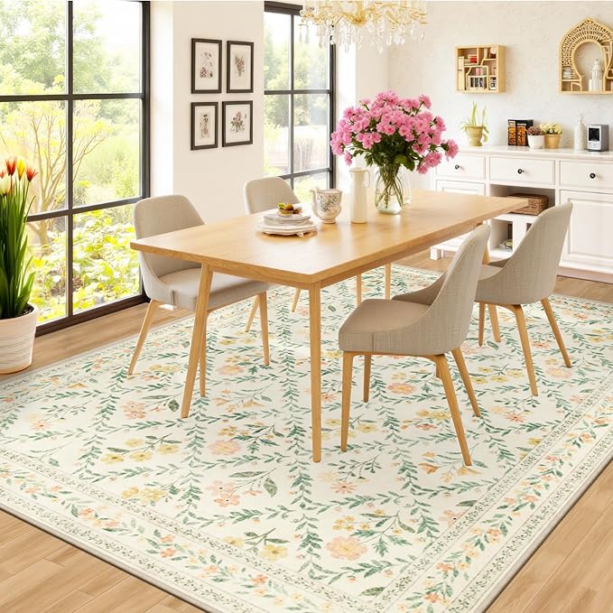 Area Rugs 9x12 Living Room: Floral Washable Rug Vintage Large Soft Boho Non-Slip Carpet Indoor Floor Stain Resistant Low Pile Carpets for Bedroom Dining Room Farmhouse Nursery Home Office Beige/Multi