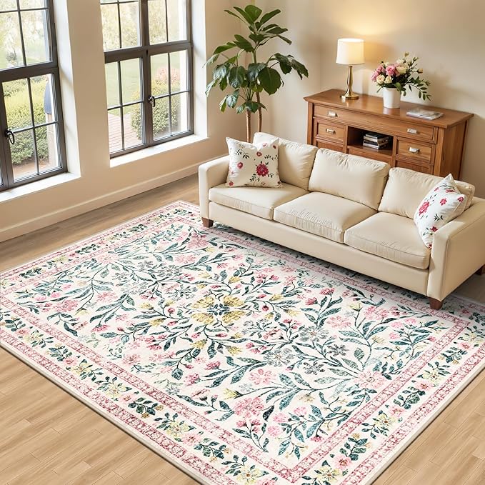 Area Rug Living Room Rugs: Floral 5x7 Washable Rug Vintage Soft Boho Non-Slip Carpet Indoor Stain Resistant Large Carpets for Bedroom Dining Room Farmhouse Nursery Hallway Home Office Pink Green