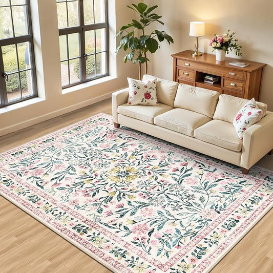Area Rug Living Room Rugs: Floral 5x7 Washable Rug Vintage Soft Boho Non-Slip Carpet Indoor Stain Resistant Large Carpets for Bedroom Dining Room Farmhouse Nursery Hallway Home Office Pink Green