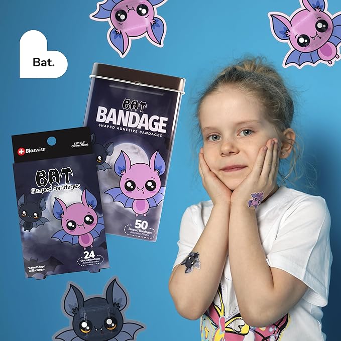 BioSwiss Bandages, Halloween Bat Shaped Self Adhesive Bandage, Latex Free Sterile Wound Care, Fun First Aid Kit Supplies for Kids, 50 Count