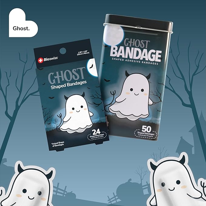 BioSwiss Bandages, Halloween Ghost Shaped Self Adhesive Bandage, Latex Free Sterile Wound Care, Fun First Aid Kit Supplies for Kids, 50 Count