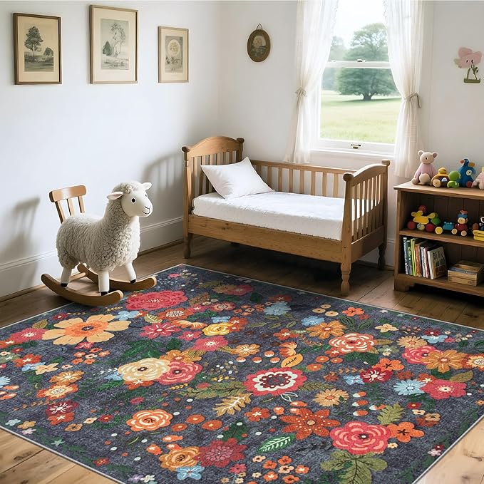 Area Rug Living Room Rugs: 5x7 Washable Rug Vintage Floral Soft Boho Non Slip Carpet Indoor Floor Non Shedding Low Pile Thin Carpets for Bedroom Dining Room Farmhouse Nursery Home Office Black