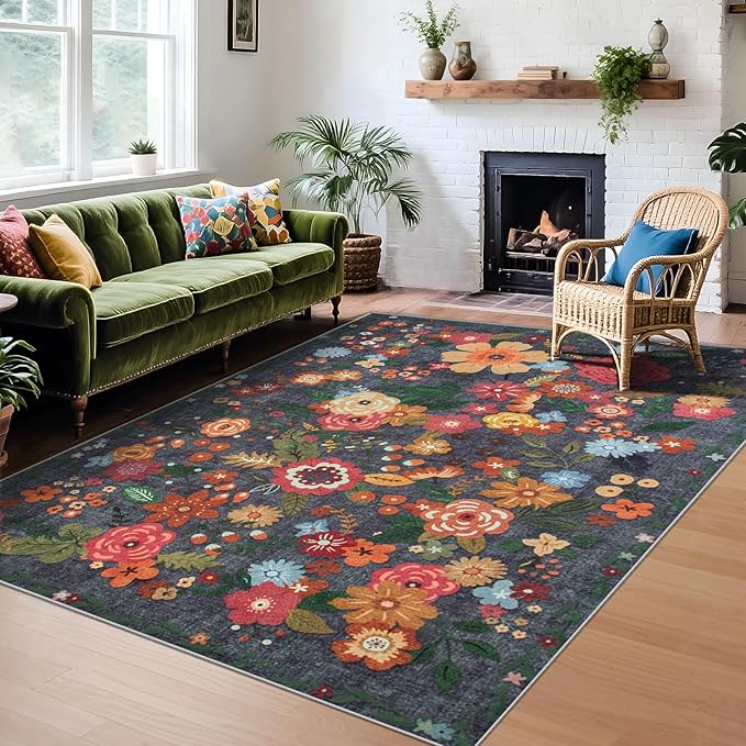 Area Rug Living Room Rugs: 6x9 Washable Rug Vintage Floral Soft Boho Non Slip Carpet Indoor Floor Non Shedding Low Pile Thin Carpets for Bedroom Dining Room Farmhouse Nursery Home Office Black