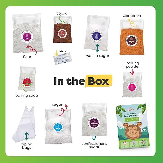 BAKETIVITY Monkey Banana Bread Kids Baking Kit | Banana Cake Kids Baking Set for Girls & Boys | Baking Set for Kids with Pre-Measured Ingredients | Perfect Family Gifts for Cooking Lovers Ages 6-12