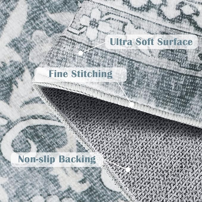 jinchan Runner Rug 2x6 - Machine Washable Grey Vintage Floral Distressed Design Soft Non-Slip Low-Pile Ultra-Thin Runner Rug for Kitchen Hallway Laundry Room Entryway Farmhouse (2‘x6',Grey)