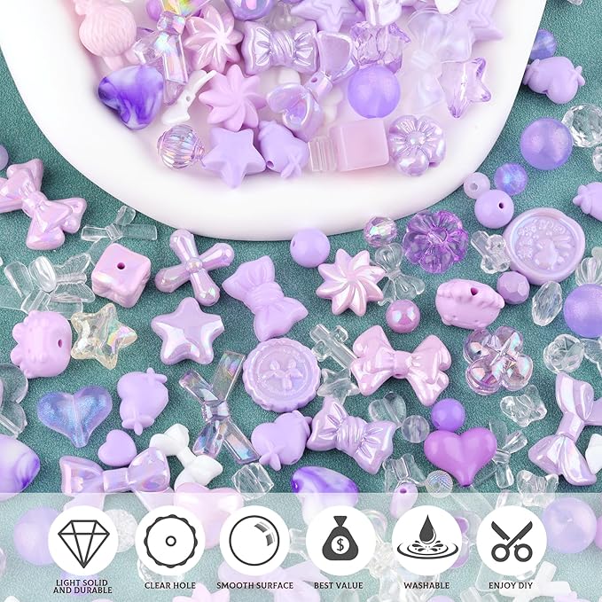 Assorted 170-230PCS Purple Acrylic Beads for Bracelet Making, Flower Bow Butterfly Candy GummyBear Aesthetic Bracelet Charms,Cute Beads for Jewelry Making DIY Necklace Keychain Phone Charm