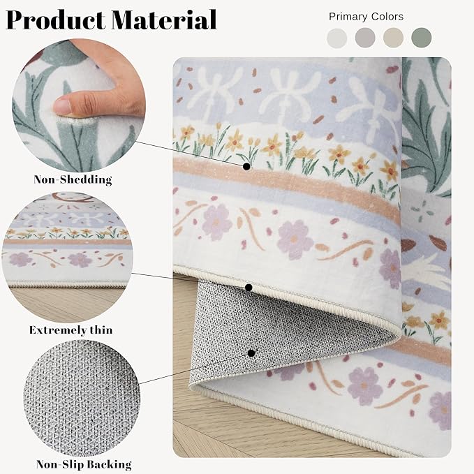 Area Rugs 8x10 for Living Room Clearance Washable Vintage Floral Botanical Rug Non Slip Low Pile Large Rug for Bedroom, Farmhouse, Dining Room, Kids Playroom, Beige