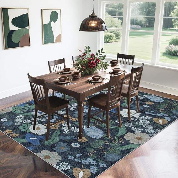 Area Rug Living Room Rugs: 5x7 Washable Rug Vintage Floral Soft Boho Non Slip Carpet Indoor Floor Non Shedding Low Pile Thin Carpets for Bedroom Dining Room Farmhouse Nursery Home Office Blue