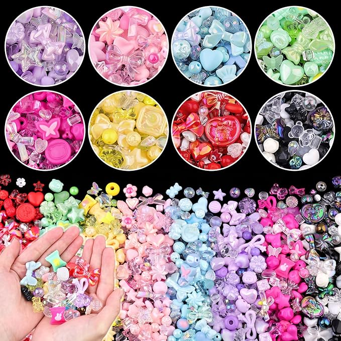 Assorted 400PCS 8 Colors Mixed Acrylic Beads for Bracelet Making, Flower Bow Butterfly GummyBear Aesthetic Bracelet Charms,Cute Beads for Jewelry Making DIY Necklace Keychain Phone Charm