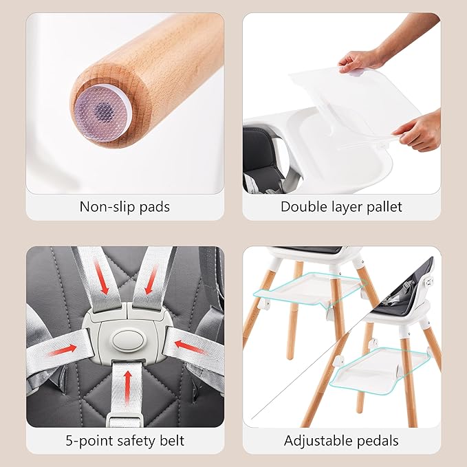 Baby High Chair, Highchair for Baby & Toddler, Easy Clean Infant Highchair, 6 in 1 Feeding High Chair with Removable Double Tray and Waterproof PU Cushion, Wooden Legs, Grey