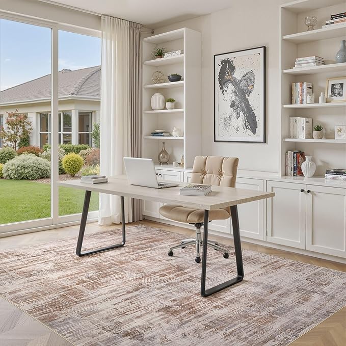 Area Rug for Living Room: 7x9 Washable Neutral Abstract Modern Soft Rugs Non Slip Indoor Floor Stain Resistant Large Carpet for Bedroom Dining Room Office Nursery - Red Brown