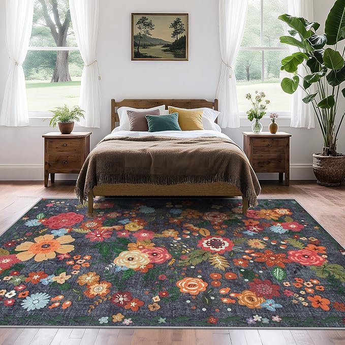 Area Rug Living Room Rugs: 5x7 Washable Rug Vintage Floral Soft Boho Non Slip Carpet Indoor Floor Non Shedding Low Pile Thin Carpets for Bedroom Dining Room Farmhouse Nursery Home Office Black