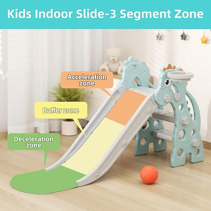 67i Toddler Slide for Indoor & Outdoor Play with Basketball Hoop, Anti-Slip Steps, 46.8in Baby Climber (Green)