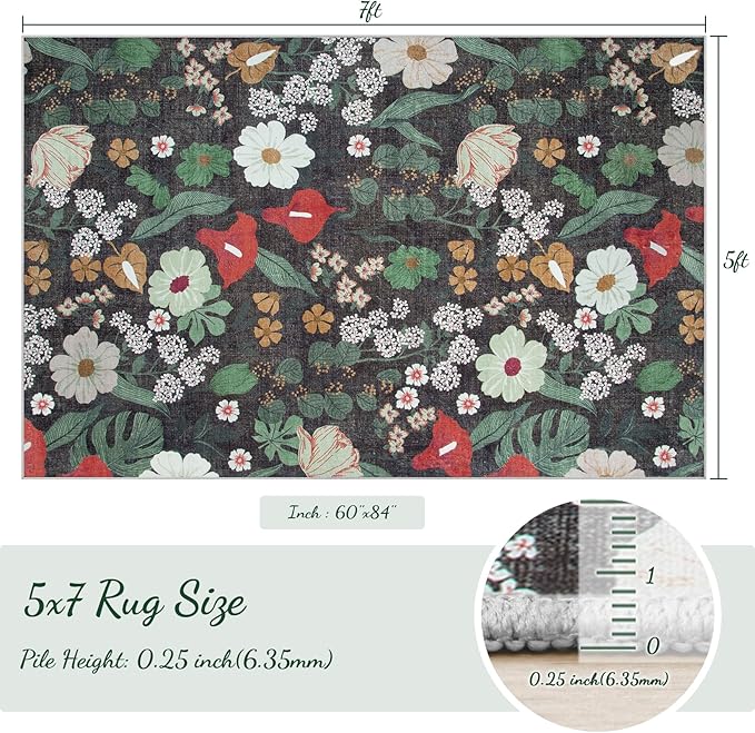 Area Rug Living Room Rugs: 5x7 Washable Rug Vintage Floral Soft Boho Non Slip Carpet Indoor Floor Non Shedding Low Pile Thin Carpets for Bedroom Dining Room Farmhouse Nursery Home Office Green