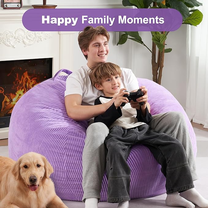 Homguava 3.5FT Bean Bag Chair: Teardrop Bean Bags with Memory Foam Filled, Compact Beanbag Chairs Soft Sofa with Corduroy Cover (Purple)