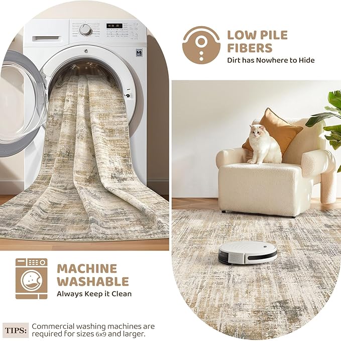 Area Rug for Living Room: 10x12 Washable Neutral Abstract Modern Soft Rugs Non Slip Indoor Floor Stain Resistant Large Carpet for Bedroom Dining Room Office Nursery - Golden Brown