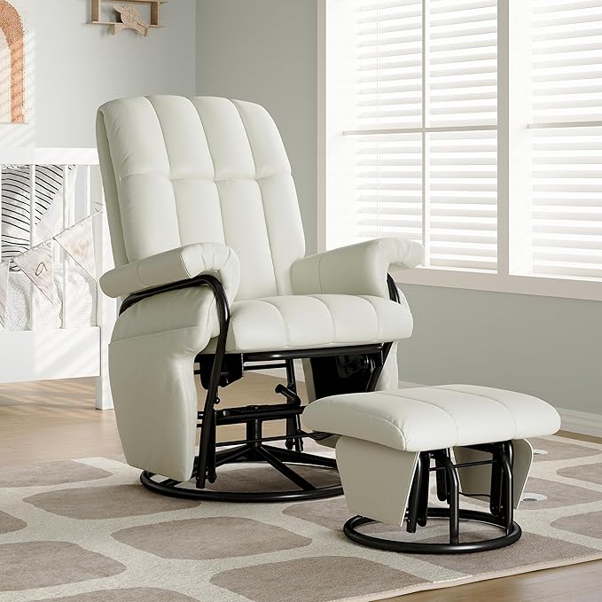 AODAILIHB Swivel Glider Recliner with Ottoman, 360 Rocking Chair with Foot Rest Recliner Chair Indoor Rocking Chair with Side Pockets Nursery Chairs for Living Room, Bedroom, Office (White)