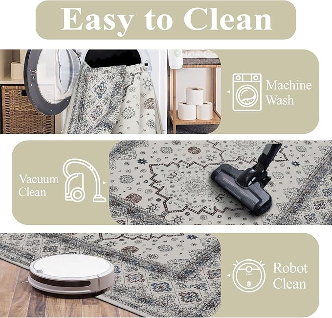 4x6 Washable Area Rug for Living Room, Carpet for Bedroom, Soft Faux Wool Retro Dining Room Rug, Non Slip&Non-Shedding Resistant Low Pile Vintage Print Rug for Home Office (White Cream/Gray)