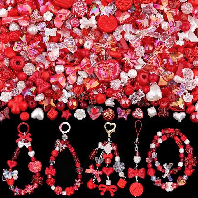 Assorted 170-230PCS Red Acrylic Beads for Bracelet Making, Flower Bow Butterfly Candy GummyBear Aesthetic Bracelet Charms,Cute Beads for Jewelry Making DIY Necklace Keychain Phone Charm