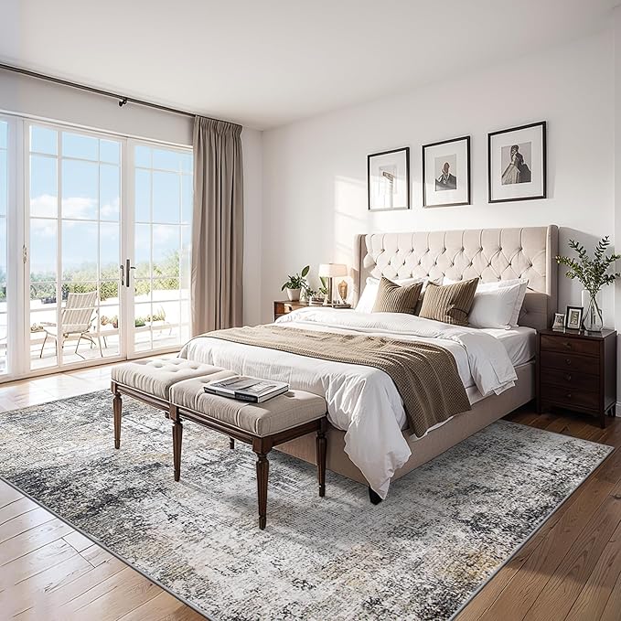 Area Rugs Living Room Rug - 5x7 Washable Modern Abstract Soft Neutral Non-Slip Carpet Large Indoor Floor Thin Carpets for Bedroom Dining Room Farmhouse Nursery Home Office Brown Black Grey