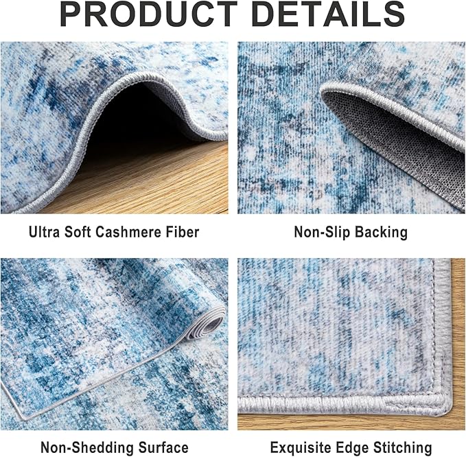 Area Rugs 10x14 Living Room - Washable Rug Modern Abstract Soft Large Neutral Non-Slip Carpet Indoor Floor Thin Carpets for Bedroom Dining Room Farmhouse Nursery Home Office Blue Grey