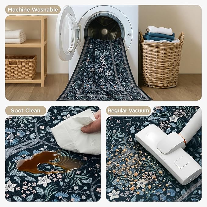 Joydeco Floral Living Room Rugs, Washable Large Bedroom Rug 8x10 Under Bed Non Slip, Soft Forest Botanical Low-Pile Floor Indoor Throw Carpet for Dining Table Home Office, Blue-Black