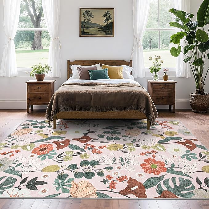 Area Rug Living Room Rugs: 6x9 Washable Rug Vintage Floral Soft Boho Non Slip Carpet Indoor Floor Non Shedding Low Pile Thin Carpets for Bedroom Dining Room Farmhouse Nursery Home Office Light Pink