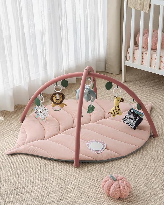 Blissful Diary Baby Play Gym & Activity Mat, Oversize Leaf Shaped Tummy Time Baby Play Mat w 6 Detachable Toys Promotes Motor Skills & Sensory Development, Newborn Infant Essentials Gift, Crystal Pink