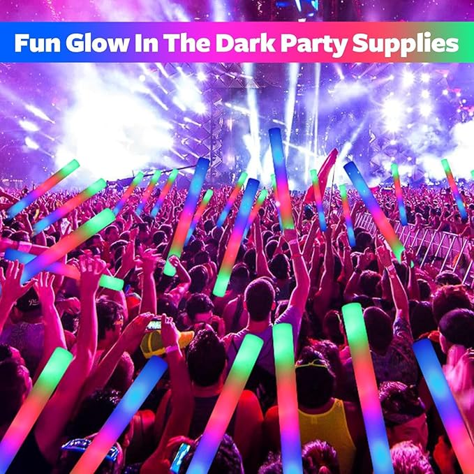 48 PCS LED Foam Glow Sticks Bulk, Glow in the Dark Party Supplies with 3 Modes Colorful Flashing, Neon Party Favors for Birthday, Wedding, Carnival, Concert, New Year