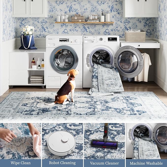 jinchan Vintage Floral 5x7 Area Rugs for Bedroom - Machine Washable Distressed Design Stain Resistant Boho Carpet Ultra-Thin Low Pile Non-Slip Rug for Living Room Dining Room Kitchen (5‘x7',Dark Blue)