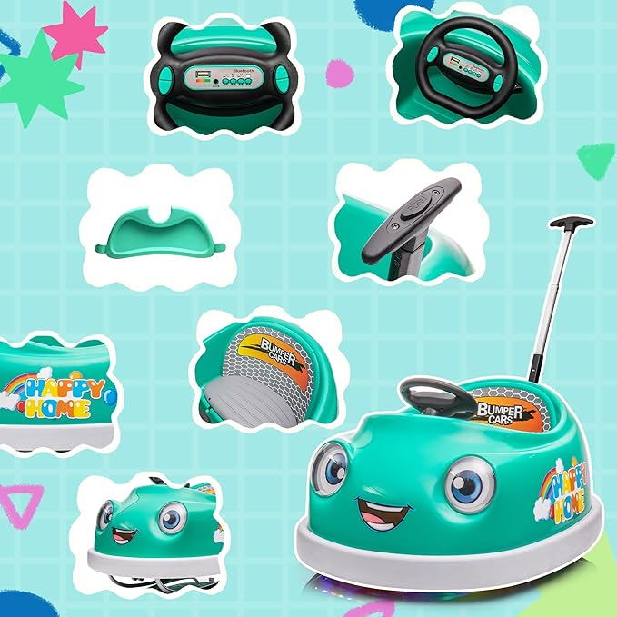 12V Dual Battery Electric Ride on Kids Bumper Car w/Remote Control,360 Degree Spin,Push Rod Rocker Horse Function,3-Speeds Babies & Toddlers Bumping Car Ride on Toy Gift for 1-4 Years Children(Green)