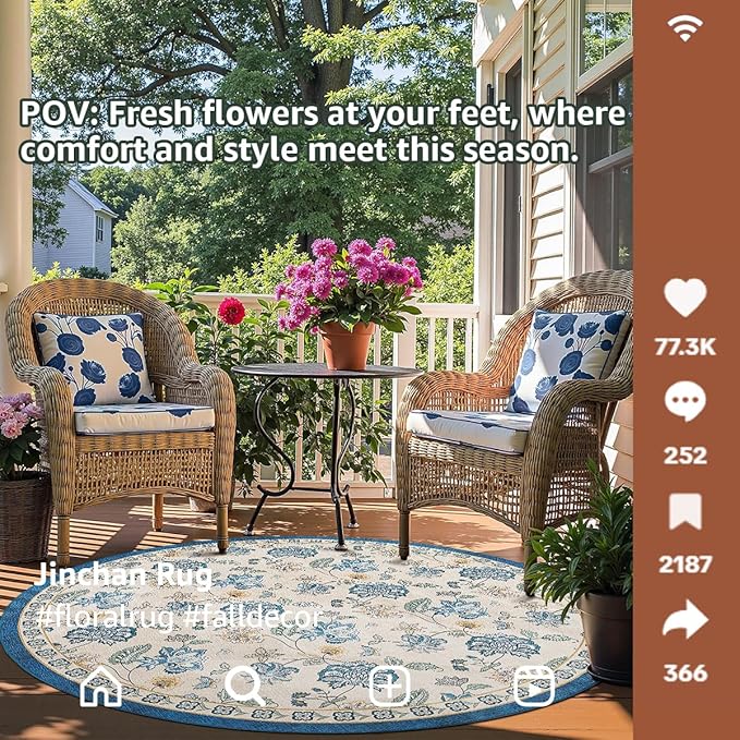 jinchan 6ft Floral Round Rug for Dining Room Washable Living Room Rug Vintage Romance Design Non Slip Indoor Floor Cover Lightweight Low-Profile Throw Carpet for Bedroom Porch Patio, Blue/Beige