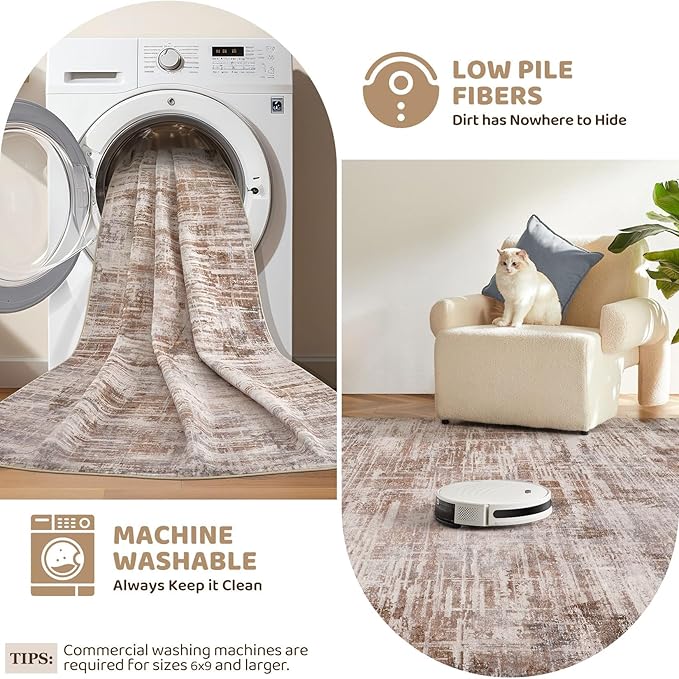 Area Rug for Living Room: 6x9 Washable Neutral Abstract Modern Soft Rugs Non Slip Indoor Floor Stain Resistant Large Carpet for Bedroom Dining Room Office Nursery - Red Brown