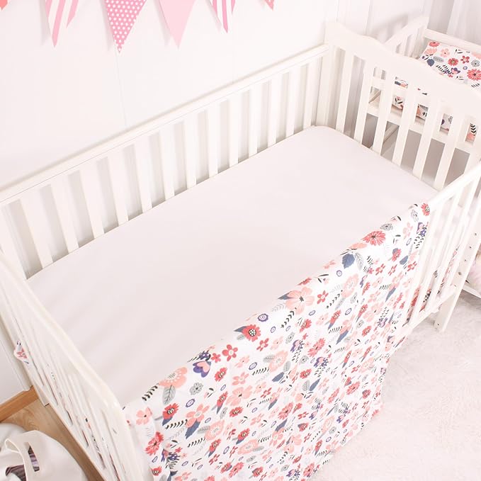 CaSaJa Baby 3-Piece Crib Bedding Set for Boys Girls, Including Soft Quilted Comforter(Blanket), Fitted Crib Sheet and Skirt, Soft Nursery Bedding Set Made of Silky Comfy Materials, Petals Flying